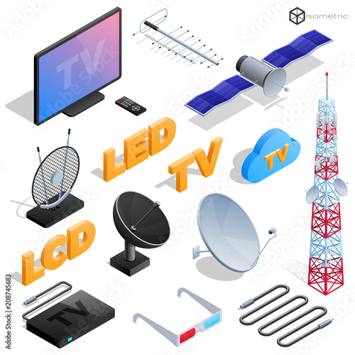 Vector tv antenna, realistic satellite antenna TV router, tv isometric icons.