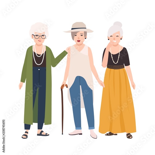 Group of smiling elderly women dressed in elegant clothes standing and talking to each other. Old ladies walking together. Female cartoon characters isolated on white background. Vector illustration.