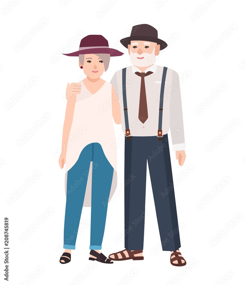 Romantic elderly couple. Pair of old cute man and woman wearing hats standing together and embracing. Grandma and grandpa. Flat male and female cartoon characters. Colorful vector illustration.
