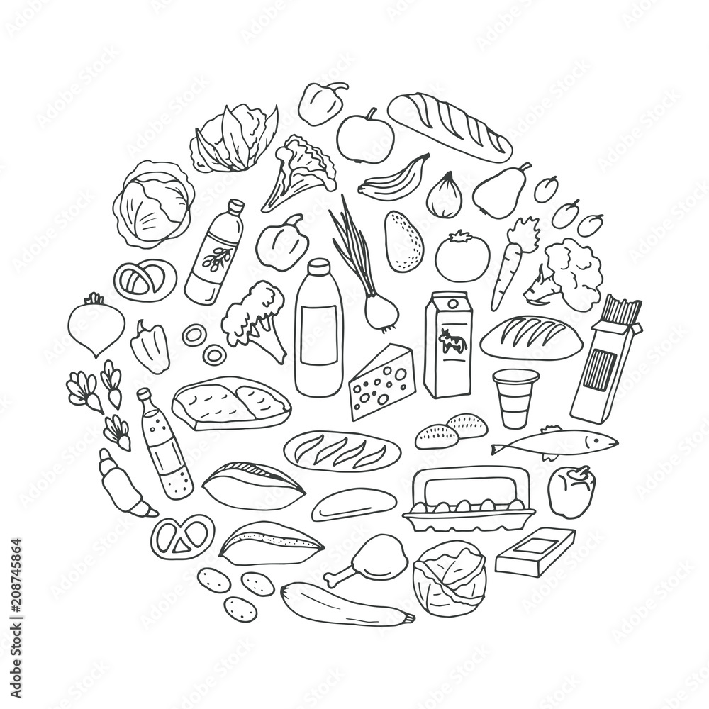 Circle from food doodles on white background. Vector illustration. Stock  Vector | Adobe Stock