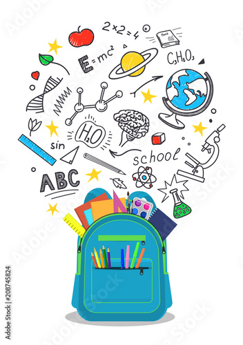 Open school backpack full of stationery with school doodle on white background. Vector illustration.