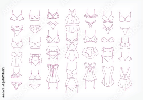 Collection of women's lingerie sets and sleepwear drawn with contour lines on white background. Bundle of elegant and sexy female underwear. Monochrome vector illustration in modern lineart style.
