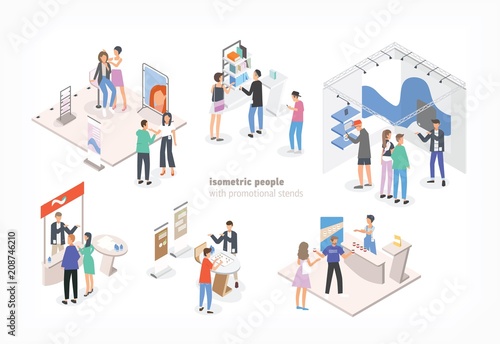People walking among commercial promotional stands and talking to consultants and promoters advertising products or services at trade fair or exhibition. Colorful isometric vector illustration.