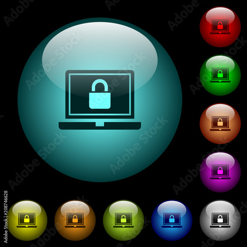 Locked laptop icons in color illuminated glass buttons