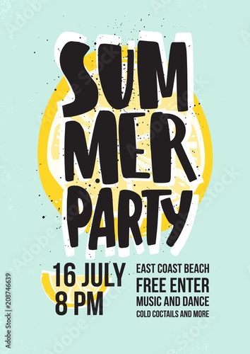 Summer dance party invitation or poster template with lettering handwritten a...