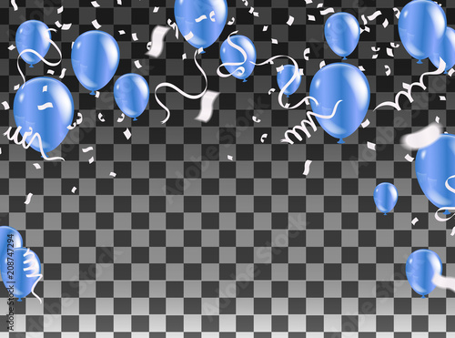 Celebration party banner with blue balloons and serpentine silver