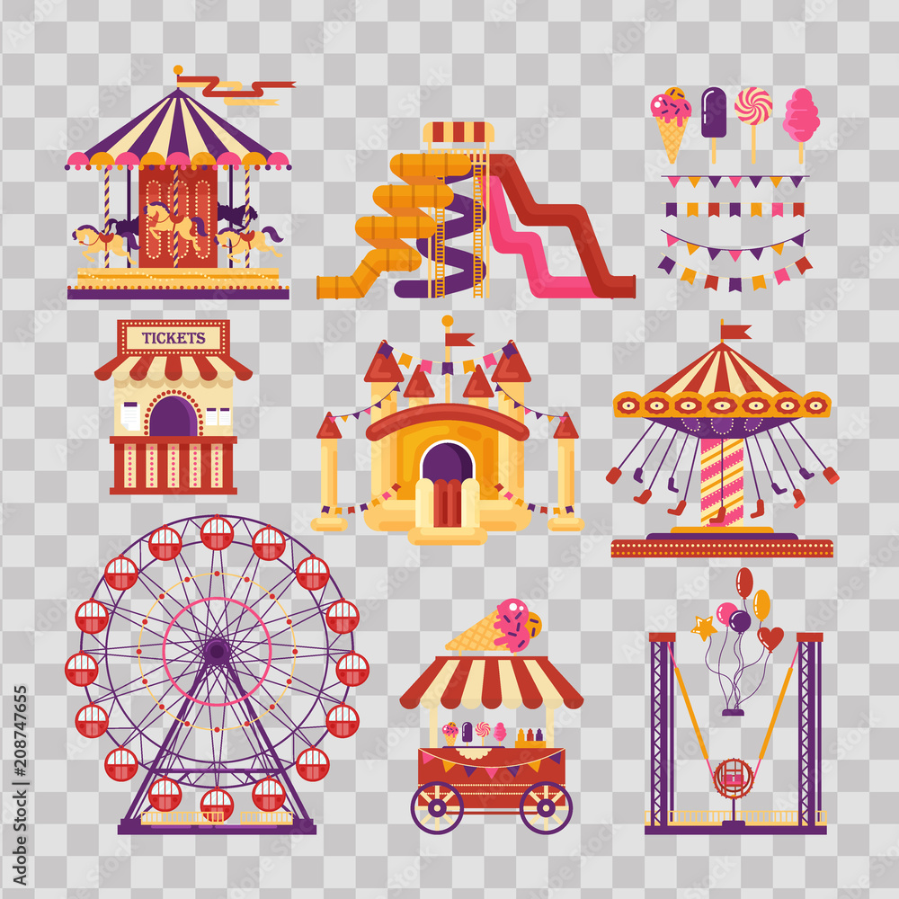 Amusement park flat elements with carousels, waterslides, balloons, flags, inflatable trampoline castle, ferris wheel, mobile kiosk with sweets, catapult on transparent background. Set family Amusement park flat elements with carousels, waterslides, balloons, flags, inflatable trampoline castle, ferris wheel, mobile kiosk with sweets, catapult on transparent background. Set family