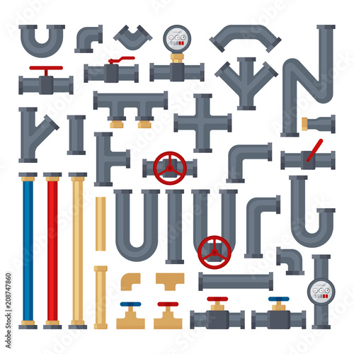 Set of tubes and pipelines pats isolated on white background. Flat elements of water tubing. Plumbing fo gas, oil industry, different types water pipes sewage. Vector illustration in flat style
