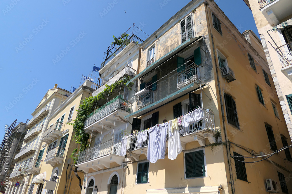 traditional corfu town houses in the city.