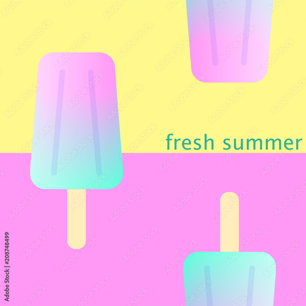 Summer minimal concept with ice cream sticks in pastel colors. Card, banner, poster design. Fun seamless pattern for wrapping and packaging. With text Fresh summer. Summer minimal concept with ice cream sticks in pastel colors. Card, banner, poster design. Fun seamless pattern for wrapping and packaging. With text Fresh summer.