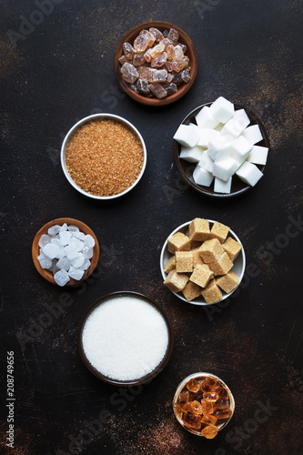 Different kinds of sugar in the assortment, top view