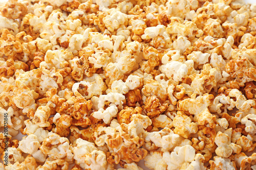 Tasty caramel popcorn, closeup