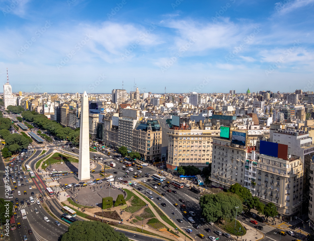 Aerial view of Buenos Aires city with Obelisk and 9 de julio avenue - Buenos Aires, Argentina - obrazy, fototapety, plakaty 