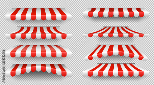 Red and white sunshade. Outdoor awnings for cafe and shop window isolated vector set