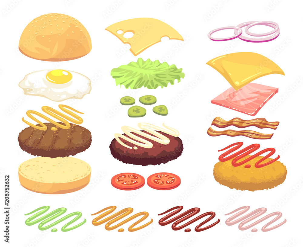 Sandwich and burger food ingredients cartoon vector set