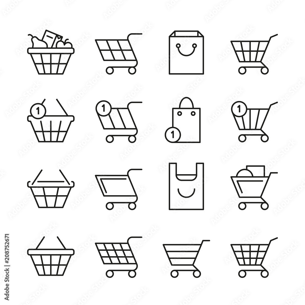 Empty online shopping baskets, market box line web shop vector icons Empty online shopping baskets, market box line web shop vector icons