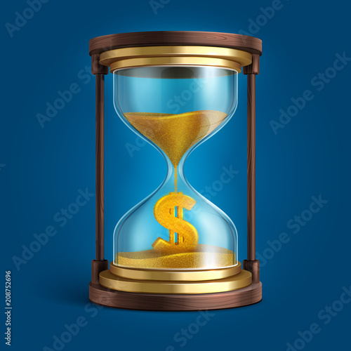 Hourglass with flowing sand and dollar currency sign. Time is money vector concept