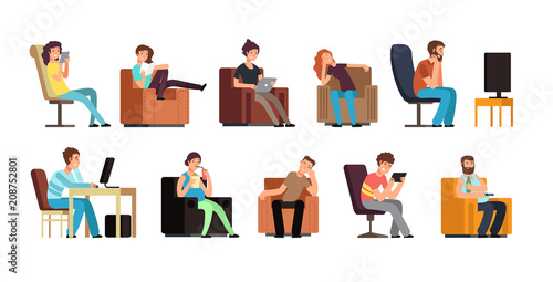 Sedentary man and woman on couch watching tv, phone, reading. Lazy lifestyle cartoon vector characters isolated