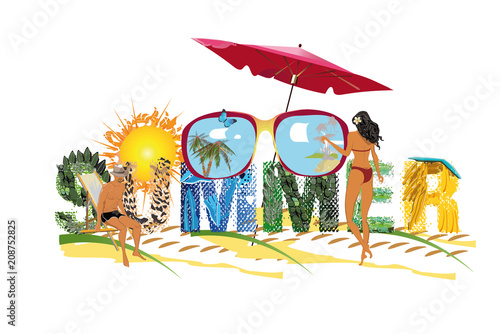 Series of relax summer backgrounds with people and sea beach. Feathers and comfortable hammock. Hand drawn illustration.