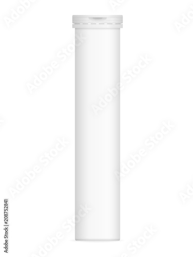 Vector realistic image (mock-up, layout, template) packaging (aluminum bottle and cap) for vitamins, tablets, pills. The image is created using a gradient mesh. Vector EPS 10 illustration.