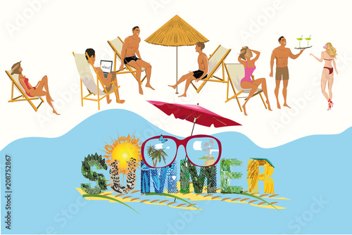 Series of relax summer backgrounds with people and sea beach. Feathers and comfortable hammock. Hand drawn illustration.