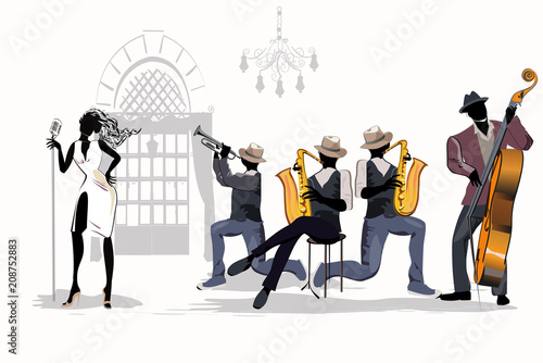  Musicians at the party. Jazz band. Hand drawn vector illustration.
