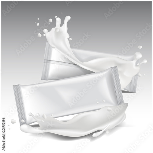 Ice Cream Package Mockup with milk splashes, Vector White Blank Plastic Pouch Snack Pack