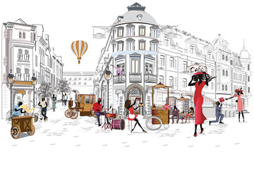 Glasbilder Sammlungen Series of the street cafes with people, men and women, in the old city, vector illustration. Waiters serve the tables.   © Anna Laifalight