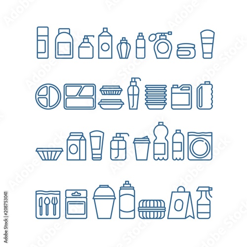 Plastic product package, disposable tableware, food containers, cups and plates line vector icons