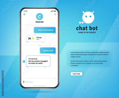 Online chatbot app with messages on realistic smartphone screen. Eps 10 vector concept