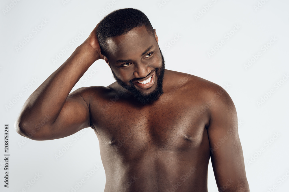 African American happy man with bare chest