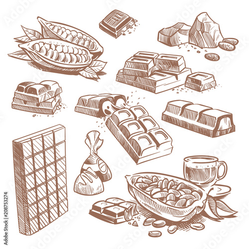 Hand drawn sweet chocolate bars, candies with praline and cocoa beans. Sketch dessert vector set isolated