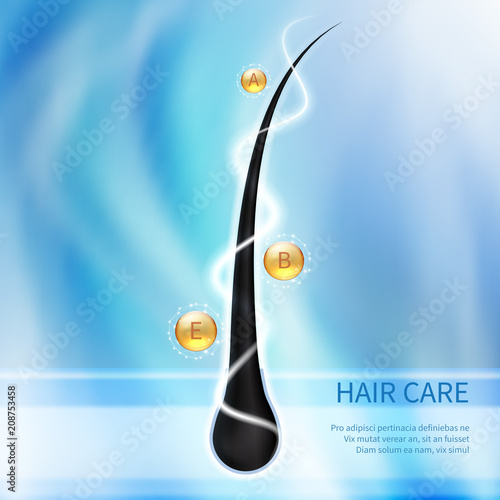Hair care, ends splitting prevention concept. Nourishing shampoo for health hairs vector background