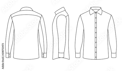 White blank business mans shirt with long sleeves and buttons in front, side, back views. Outline vector template isolated