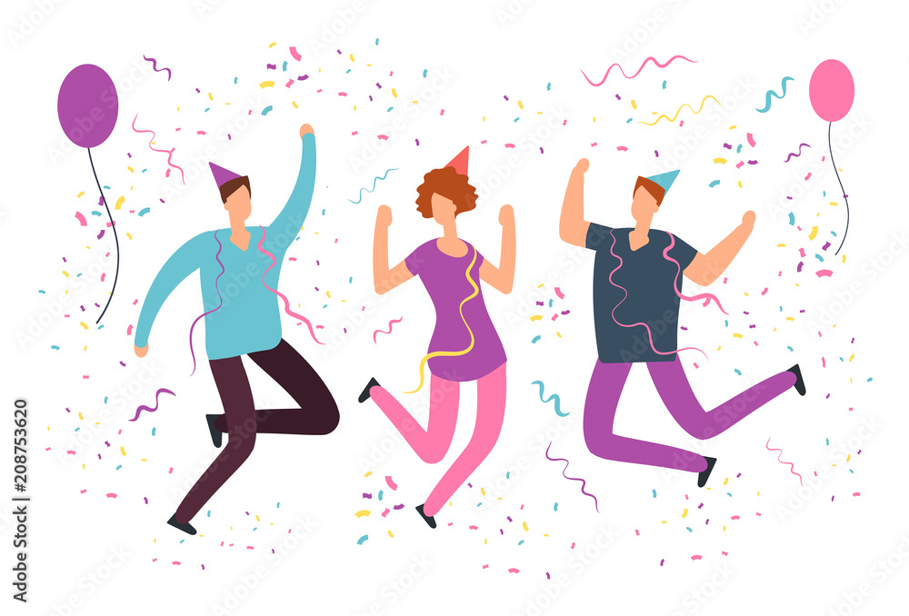 Happy jumping people with falling confetti, balloons at fun birthday party. Friends celebrating event. Vector flat characters isolated Happy jumping people with falling confetti, balloons at fun birthday party. Friends celebrating event. Vector flat characters isolated