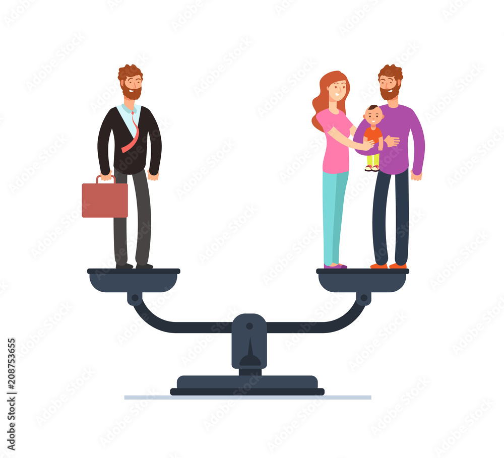 Businessman and happy family with kids on scales. Work and life balance business vector concept Businessman and happy family with kids on scales. Work and life balance business vector concept