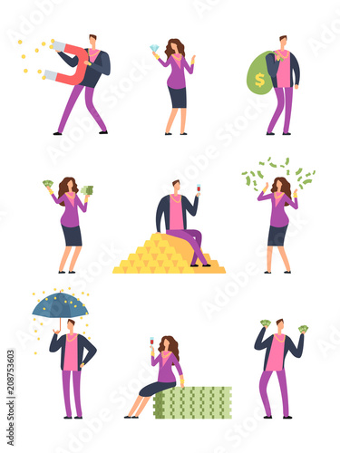 Rich luxury people spending money. Happy wealthy man  millionaire vector cartoon characters set isolated