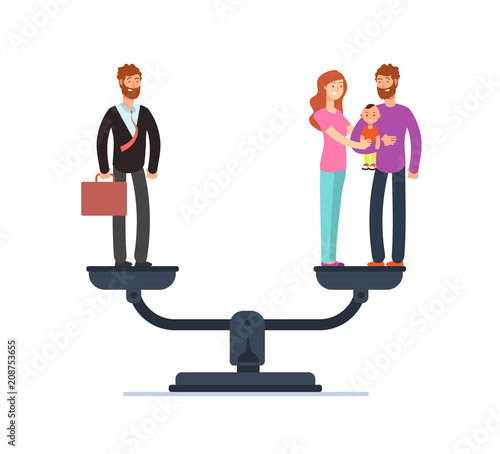 Businessman and happy family with kids on scales. Work and life balance business vector concept