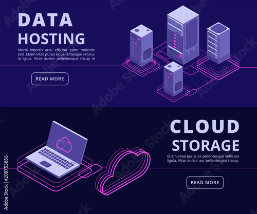 Personal data protection, hosting solutions, computer synchronization, data networking vector banners set with isometric computers