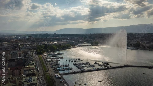 sunny day geneva lake famous fountain cityscape aerial panorama 4k timelapse switzerland
