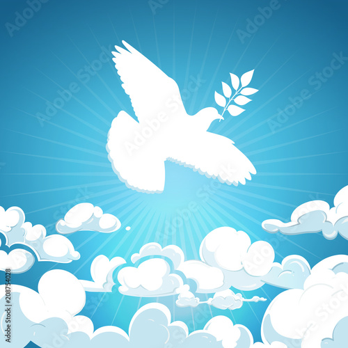 Dove of peace flying in the sky. White pigeon with branch background concept