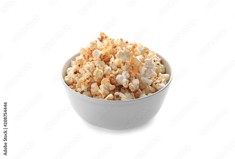 Bowl of delicious popcorn on white background Bowl of delicious popcorn on white background