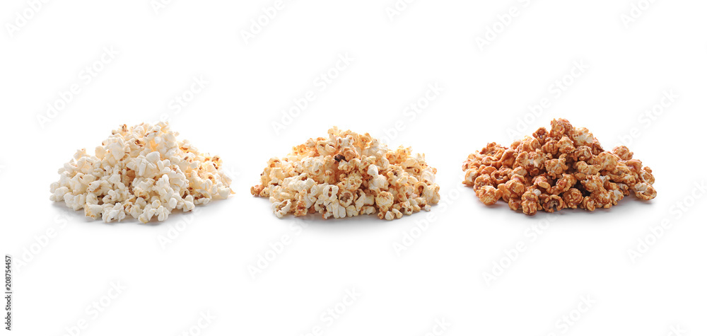 Piles of delicious popcorn on white background Piles of delicious popcorn on white background