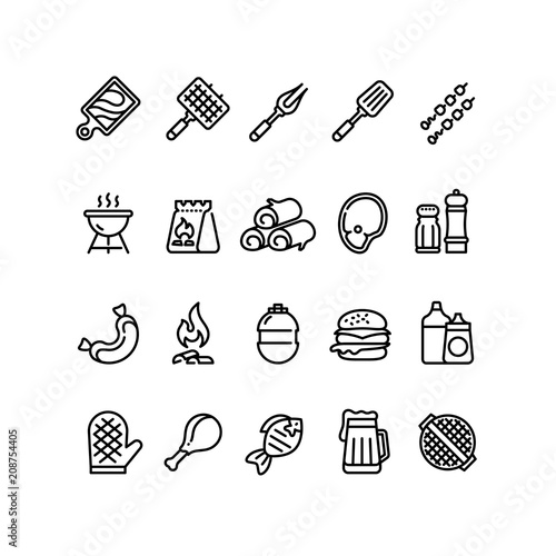 Hot barbecue and grill line icons. Bbq outdoor kitchen vector isolated symbols