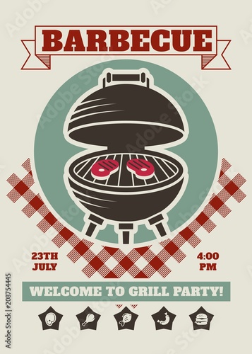 Retro barbecue party restaurant invitation template. BBQ cookout vector poster with classic charcoal grill