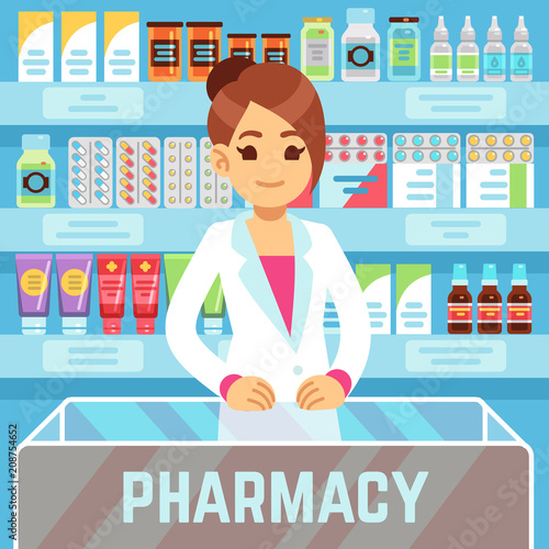Happy young woman pharmacist sells medications in pharmacy interior. Pharmacology and healthcare vector concept