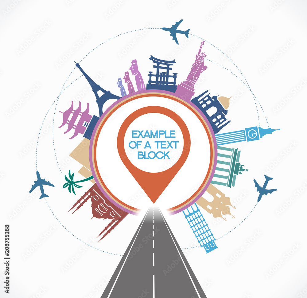 Travel destinations concept. Template Background Flat Vector Illustration. Road with a destinations icon surrounded by symbols of world  landmark
