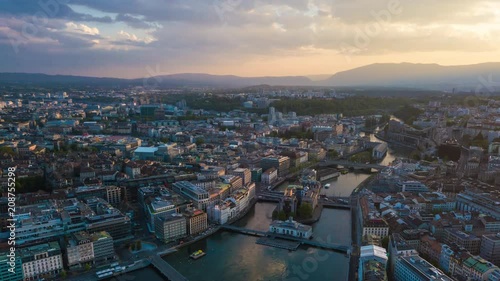 sunset sky geneva lake cityscape aerial panorama 4k timelapse switzerland
