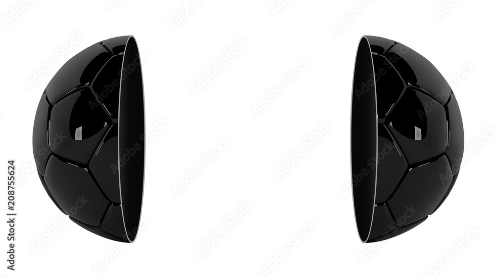 Black vector soccer or football ball isolated on white background. Football White Banner With 3d Ball divided into two parts. Soccer game match. Half football ball design with place for text Black vector soccer or football ball isolated on white background. Football White Banner With 3d Ball divided into two parts. Soccer game match. Half football ball design with place for text