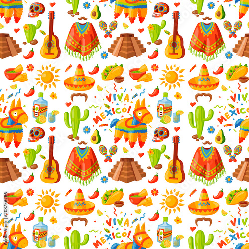 Mexico seamless pattern background vector illustration traditional graphic travel tequila alcohol fiesta drink ethnicity aztec maraca sombrero.